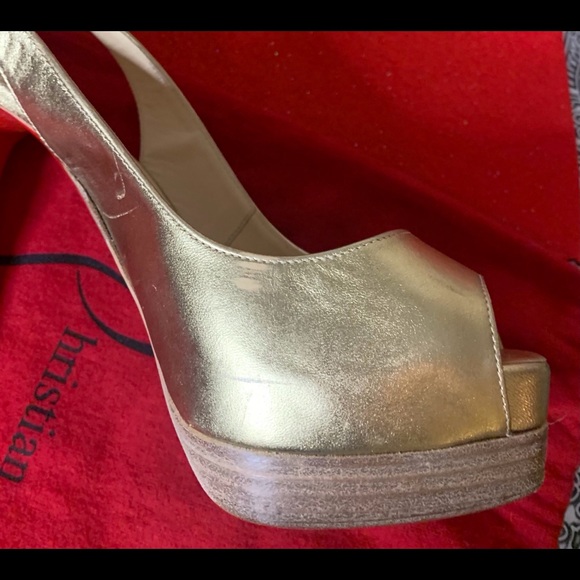 Gold Leather Christian Louboutin Peep Toe Heels - Picture 3 of 5